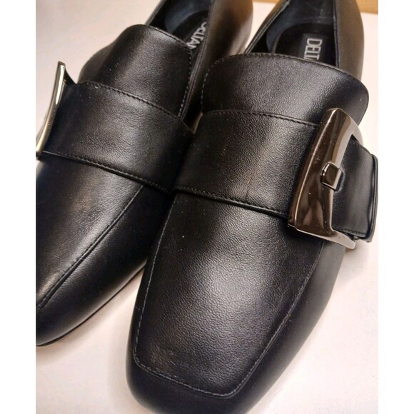 Deltan Sz 7 Veronica Black Leather Metal Buckle Flared Block Heel Pumps - Picture 3 of 16